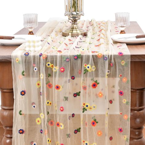 Camino de mesa bordado con margaritas, camino de mesa de tul floral de 72 x 300 cm, exquisito camino de mesa de margaritas primaverales (1/5)