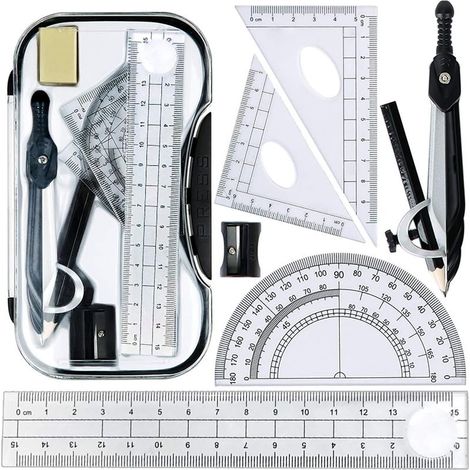 Ensemble de mathématiques, compas, rapporteur et règle (8 pièces) pour l'apprentissage des mathématiques à la maison