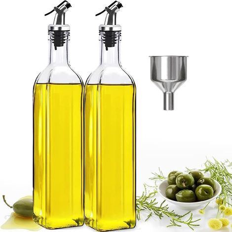 Lot de 2 Burette Verre 450ml Vert Foncé, Huile Olive Vinaigre, Bouchon Bec, Entonnoir Inox (1/5)