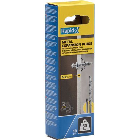 RAPID - Chevilles à Expansion Métal - 6-21mm Lot 10 Charge Max 50 kg Pour Cloison Plâtre, Fixation Solide pour Mur Creux - (5001553)