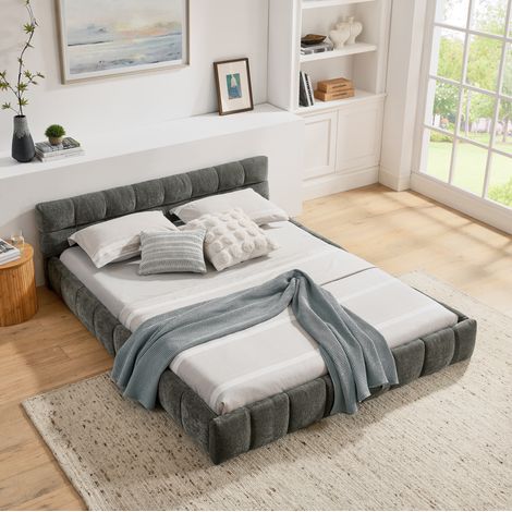 Lit double chenille gris foncé 160x200 cm avec structure en bois d’eucalyptus et fer (1/5)