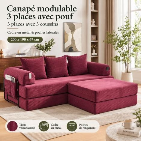 Canapé Convertible 200x190x67cm Velours Côtelé Rouge 3 Places - Canapé-Lit - Modulaire avec Pouf, Mousse Haute Densité, 3 Coussins (1/5)