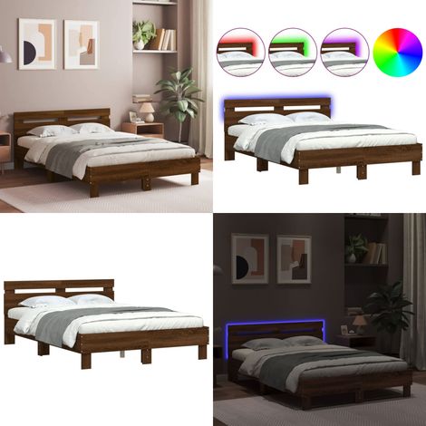 Bettgestell mit Kopfteil LED-Beleuchtung Braun Eichen-Optik - Holzbettfundament - Bettrahmen - Doppelbett - Eiche Dekor - Beleuchtung - Home & Living (1/5)
