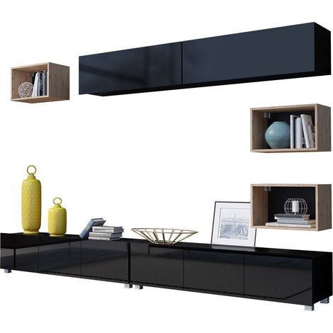 Conjunto de salón Remus XXXI, Negro + Negro brillante + Roble Artisan