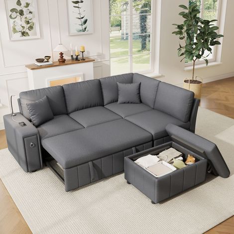 Canapé d’angle convertible en L avec fonction couchage, pouf de rangement, table relevable, ports USB/Type-C, lampe de lecture et 2 coussins - Gris