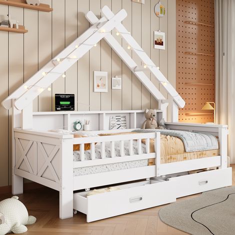 Lit maison en bois blanc 90x200 cm avec LED, rangements intégrés, tiroirs et barrières de protection, plateforme enfant (1/5)