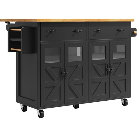 Isla de cocina multifuncional negra con ruedas y tablero extraíble 140 x 73 x 93,5 cm (1/5)