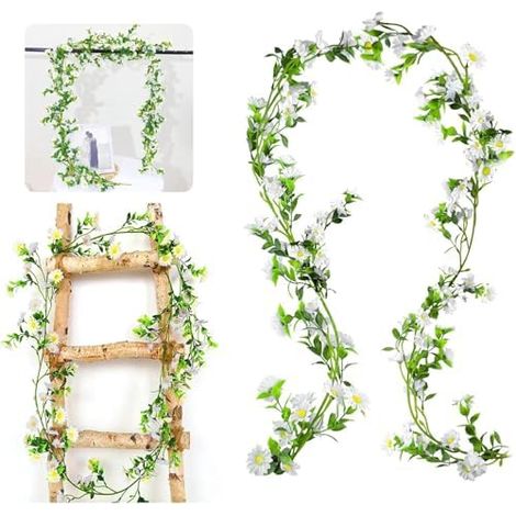 Blumengirlande Gänseblümchen Deko Blumen Girlande Frühling Outdoor Wetterfest Deko Blumen Blumenrebe mit Grüne Blätter Margeriten Kunstblumen Hängend für Hochzeitsbogen Garten Decor (Weiß)