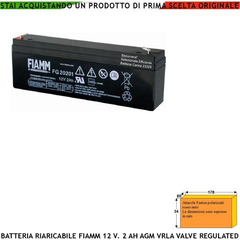 Batterie Ricaricabili 12 V 2 Ah Ermetiche AGM VRLA Valve Regulated Collegamento Tramite 2 Faston 5 mm Polarizzati Marca Fiamm PRC Selezionata Caricata da Securvera Misure L178XP34XH60 mm Peso 930 gr (1/2)
