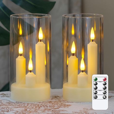 Bougie conique sans flamme 3 en 1 avec télécommande à 10 boutons et minuterie, alimentée par piles, lot de 2 bougies colonnes LED en acrylique, 7,6 cm x 15,2 cm, lumière chaude vacillante. (1/5)