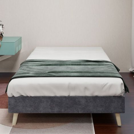 Lit 90x200 cm, design moderne, Lit adulte, velours hollandais gris, structure robuste, base profil bas (1/5)