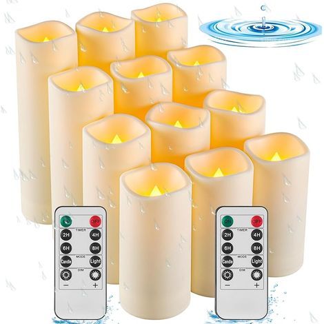 Lot de 12 bougies d'extérieur étanches à piles LED sans flamme, résistantes aux hautes températures. (1/5)
