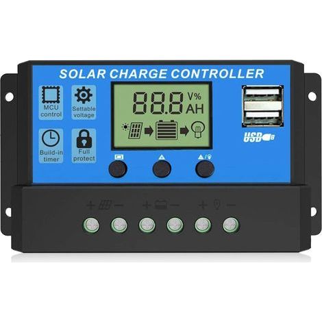 Contrôleur de Charge Solaire 20A, Contrôleur de Charge de Panneau Solaire 12V/24V, Écran LCD Ajustable Multifonctionnel avec Double Port Usb, Minuterie, Ajustement PWM, Réglage Automatique des (1/3)