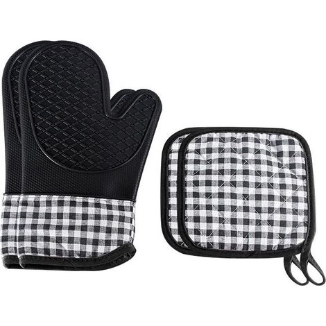 Gants de Four et Maniques, Gants de Cuisine Gants de Four Anti-Chaleur Jusqu'à Gants de Barbecue Antidérapants avec Doublure en Coton pour Cuisine, Cuisson, Pâtisserie, Grillage,Noir, (1/5)