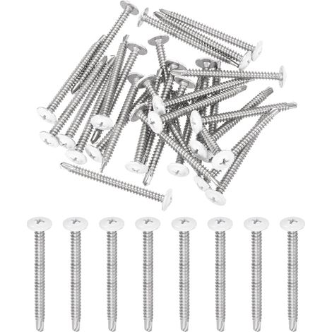 30Pcs M4.2x50mm Vis à Tête Plate Blanche Auto-Taraudeuses, 410 Vis En Acier Inoxydable Auto-Foret Pour Tôle Métallique, Argenté (1/5)