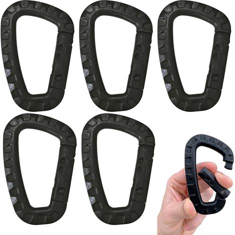 Mousquetons en Plastique – Lot de 5 – Mousqueton Tactique Militaire Noir avec Fermeture à Ressort, Léger et Polyvalent pour Camping, Randonnée, et Activités Extérieures- Forme de D, Carabiner (1/5)