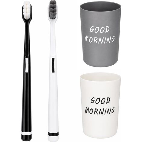 Lot de 4 Gobelet Brosse à Dent, 2 Verres à Brosse à Dents en Plastique et 2 Brosses à Dents à Poils Souples, Gobelet Salle de Bain Simple, Rangement Brosses a Dent pour la Maison (Bleu, Blanc) (1/5)
