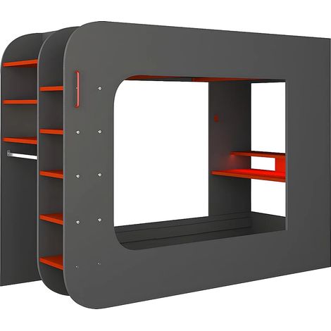 Letto a soppalco gamer con scrivania, scomparti e LED 90 x 200 cm Antracite e Rosso - WARRIOR (1/3)