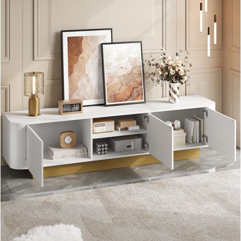 Meuble TV 170 cm avec 3 portes, rangement et gestion des câbles, blanc DESVIAE (1/5)