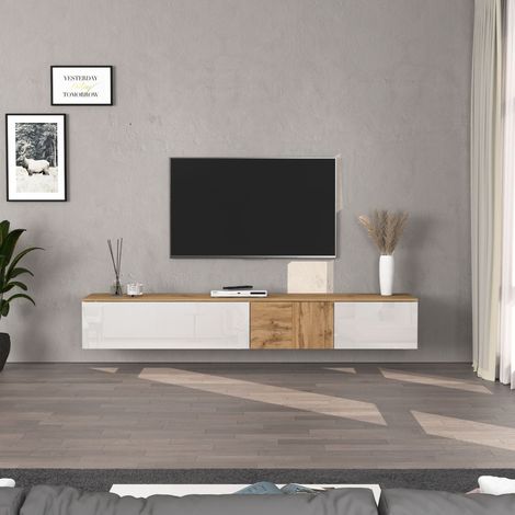 WHOUS Mobile porta TV sospeso Iseo con 2 ante e 1 ribalta bianco lucido e rovere 200x35x30 cm (1/5)