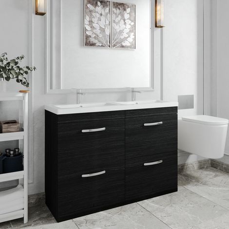 Nuie Athena Charcoal Black Woodgrain 1200mm 4 Drawer Vanity Unit and Double Ceramic Basins - ATH033F (1/5)