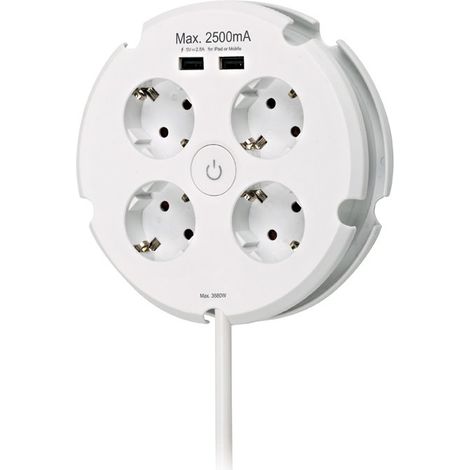 Base multipla "Combi" colore bianco della "Serie 10" con 4 prese da 16A 250V+2USB e cavo H05VV-F 3G1,5mm² di 1,5m di lunghezza Ø