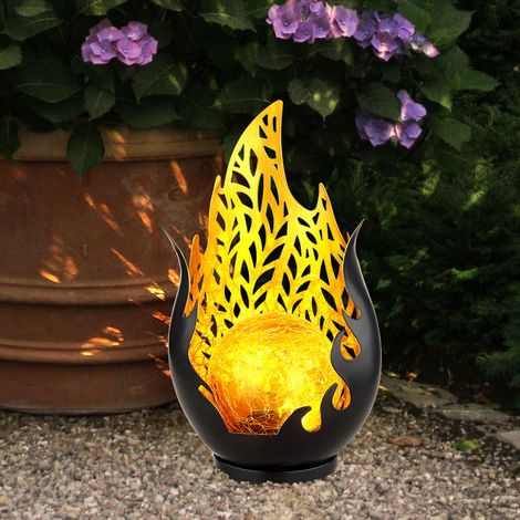 Gartendeko Solarleuchte für Außen Outdoor Balkon Deko schwarz gold Flammenoptik Glaskugel, IP44 Akku Metall Dekorstanzungen, 1x LED, LxBxH 16,5x12,5x26,5cm