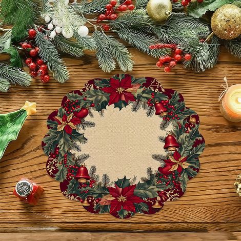 Sets de table de Noël style américain, dessous de plat antidérapants et isolants thermiques pour cuisines de restaurant, résistants aux taches et à l'usure, en stock - Lot de 4 pièces (vinyle) 36 x 36