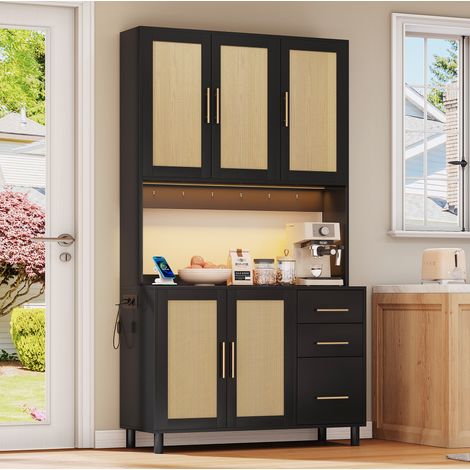 Aparador de cocina MDF negro con LED regulable por app, 3 cajones, armarios, estantes ajustables y enchufes USB (1/5)