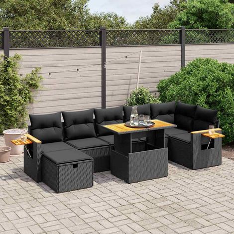 Salon de jardin modulable 8 pièces en résine tressée noire avec coussins, table relevable et accoudoirs en bois d'acacia (1/4)