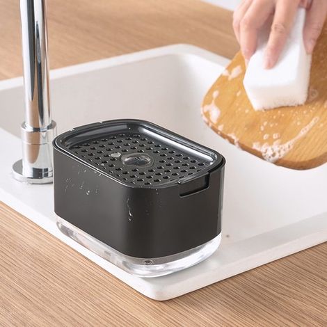 Dispenser di detersivo per piatti con porta spugna, dispenser di sapone, dispenser di sapone nero, dispenser di detersivo per piatti da cucina, plastica ABS, nero (1/5)