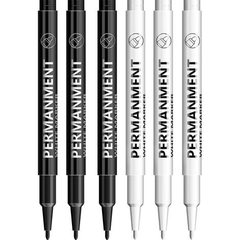 6Pièces Blancs+Noir Permanent, Largeur de Trait 2 mm, Imperméable Marqueur Blanc indelebile, pour Verre Céramique Toile Pneus Metal Toile Papier (1/5)