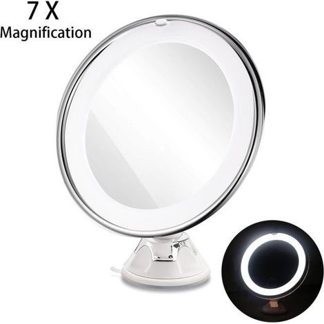 (Bianco) Specchio da viaggio RUIMIO con ingrandimento regolabile 7x, illuminazione a LED e ventosa potente. (1/4)