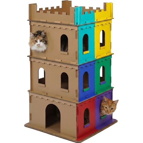 Relaxdays Cat Castle, 3-storey cardboard playhouse to paint, slot-together, HxWxD 107.5x62x62 cm, brown