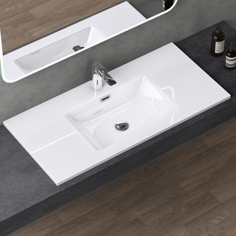 doporro Waschbecken Einbauwaschbecken mineralguss 100x48x14 cm weiß Einbauwaschtisch mit Überlauf Waschtisch Handwaschbecken Col02 (1/5)
