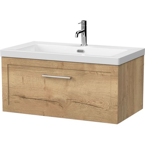 Stonnall Traditional Wall Hung 1 Drawer Vanity Unit with 1 Tap Hole Fireclay Basin, 800mm, Autumn Oak