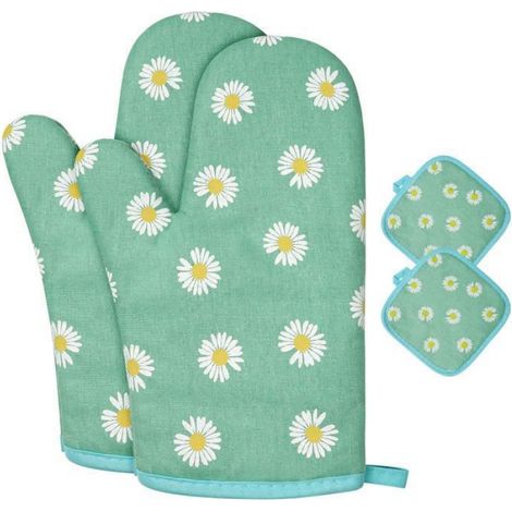 Gants de Four, 1 Paire Gants de Cuisine Coton Gants de Cuisine Antidérapants, Gant Cuisine Anti Chaleur (fleurs vertes) (1/4)
