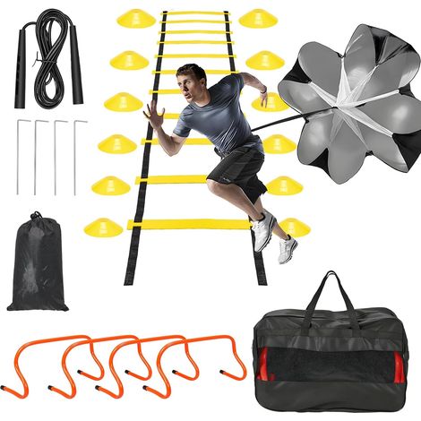 Football Training Kit Complete with Coordination Ladder (6m), 12 Cones, Removable Obstacles, Skipping Rope, Resistance Bands and Resistance Umbrella, Training Accessory (1/5)
