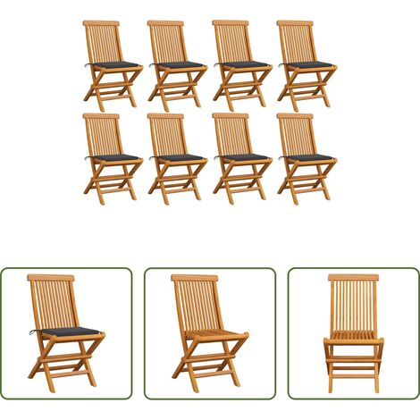Chaise de jardin en bois - Chaises de jardin avec coussins anthracite lot de 8 Teck massif (1/5)