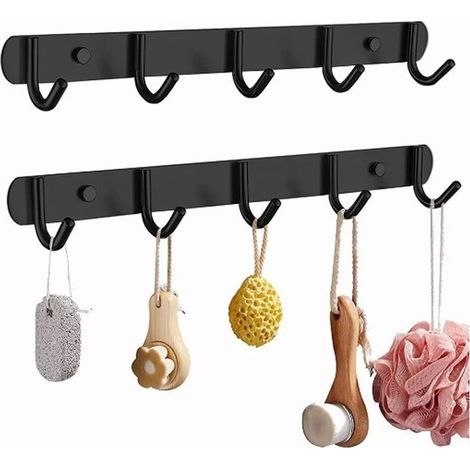 Porte-Manteau Mural, 2pcs 5 Crochets Espace Poinçon en Aluminium Porte-Manteau Suspendu Gratuit, Crochet Mural Crochets Muraux pour Clés de Sac à Dos Noir (1/5)