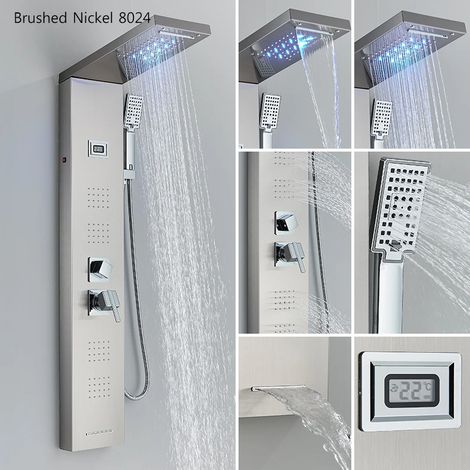 (8024 nickel brossé) Panneau de douche, pommeau de douche effet pluie, affichage de la température, robinet mitigeur, colonne (1/4)