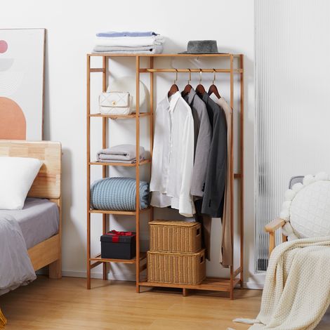 Rangement Portant à vêtements en bambou avec étagère de rangement à 6 niveaux et tringle de suspension 90x30x145cm bois - naturel