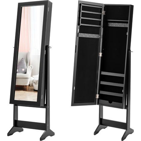 Mobiletto portagioielli 2 in 1 con specchio a figura intera 35 x 30 x 144 cm spazio di archiviazione organizzato stile moderno MDF nero 200010383
