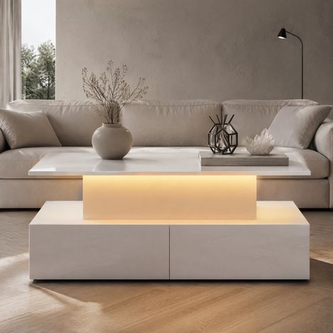 Table basse relevable 90x55x41 cm en bois blanc, avec rangement LED pour salon FloraGrace (1/5)