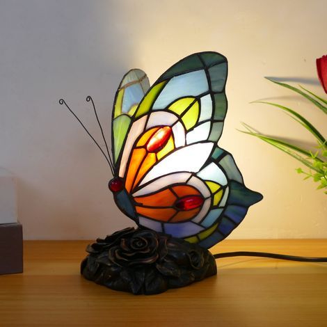 Lampe papillon Tiffany Lampe de table en verre teinté Petite lampe de chevet pour fille Cadeaux de fête des mères Grand-mère [Classe énergétique F] (1/5)