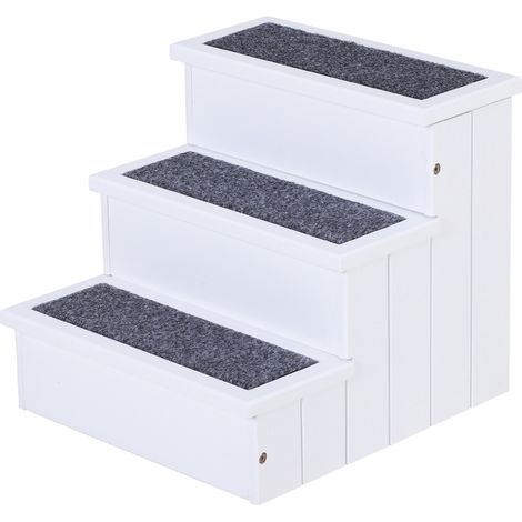 Escalier pour animaux 3 marches en pin blanc avec rangement et tapis 40,5 x 44,5 x 38 cm (1/5)