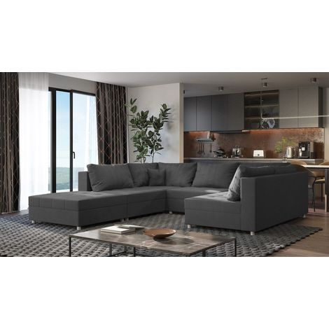 Wohnlandschaft Sofa ANDRO Schlaffunktion und Hocker Stoff Lincoln Grafit (1/5)