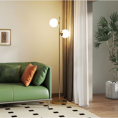 Lámpara de pie de acero y vidrio, 165 cm, dorada y blanca, 2 pantallas OKMYHOME (1/5)