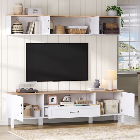 Ensemble TV mural 2 pièces avec meuble TV et vitrine suspendue, 4 portes et 1 tiroir, 180 x 40 x 50 cm, MDF, blanc