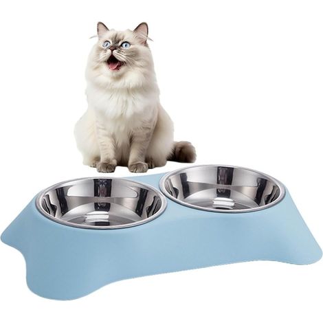 Doppelnapf für Katzen - Edelstahlnapf mit rutschfestem Boden - (Blau)